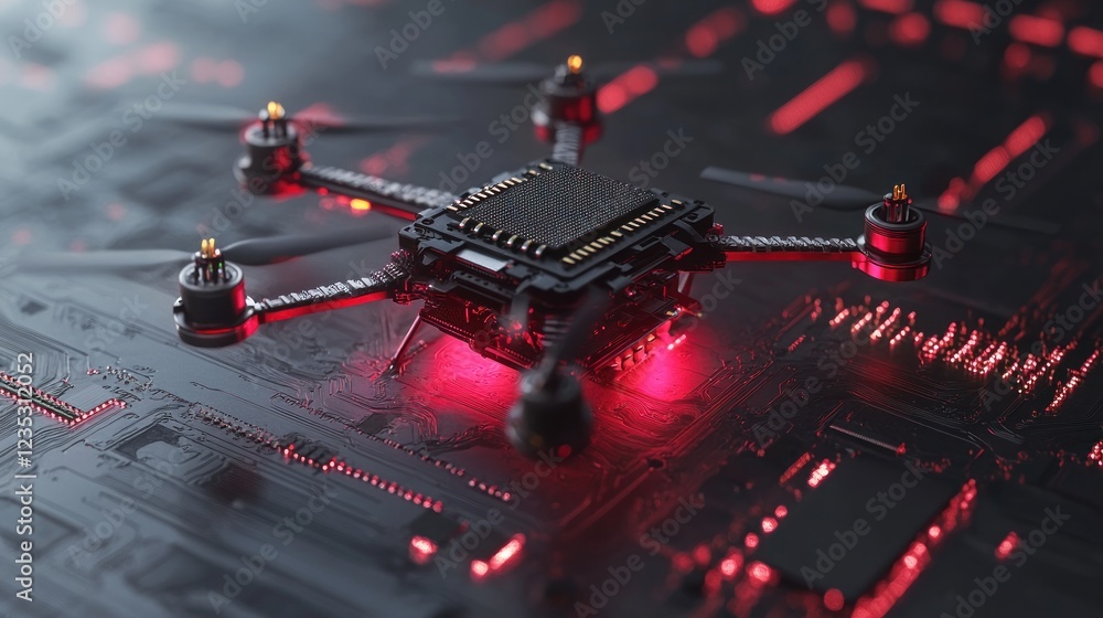 Poster futuristic drone on illuminated circuit board