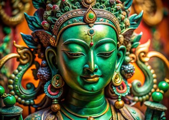 Macro Photography of Green Tara Buddhist Deity, Intricate Details, Peaceful Serenity, Spiritual Art