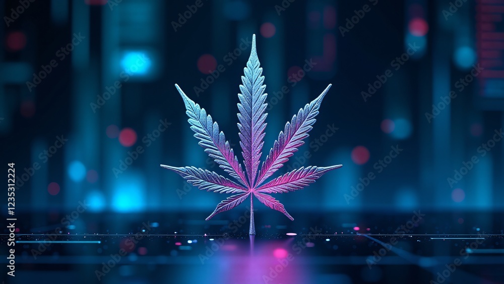 Aufkleber a chrome marijuana leaf with glowing blue and violet circuits, reflecting a futuristic cyber world. 