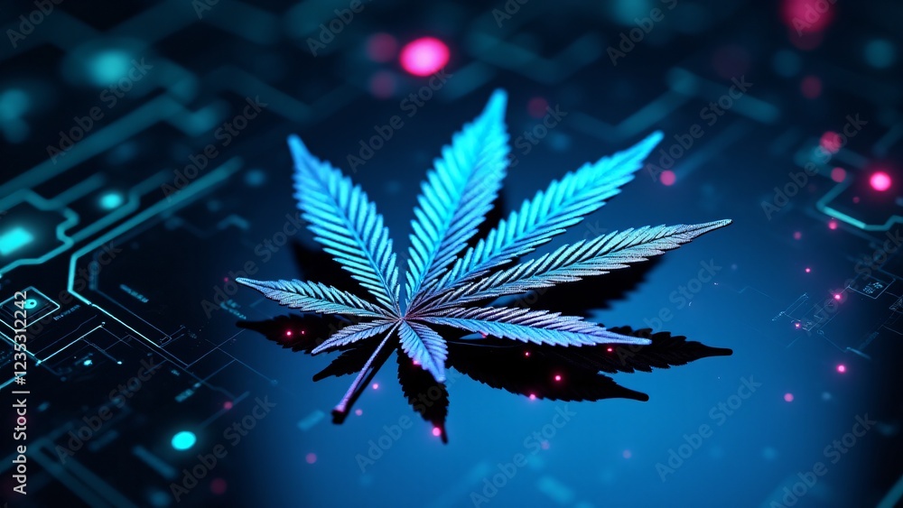 Aufkleber a chrome marijuana leaf with glowing blue and violet circuits, reflecting a futuristic cyber world. 