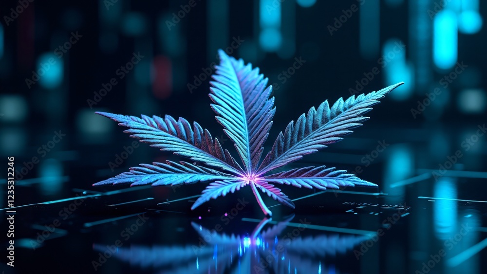 Aufkleber a chrome marijuana leaf with glowing blue and violet circuits, reflecting a futuristic cyber world. 