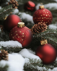 Red Christmas Ornaments Hanging on Snow-Covered Pine Branches, Capturing the Festive Spirit and Seasonal Beauty of a Traditional Winter Holiday Decoration