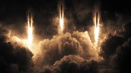 Three Missiles Launch Through Dark Clouds