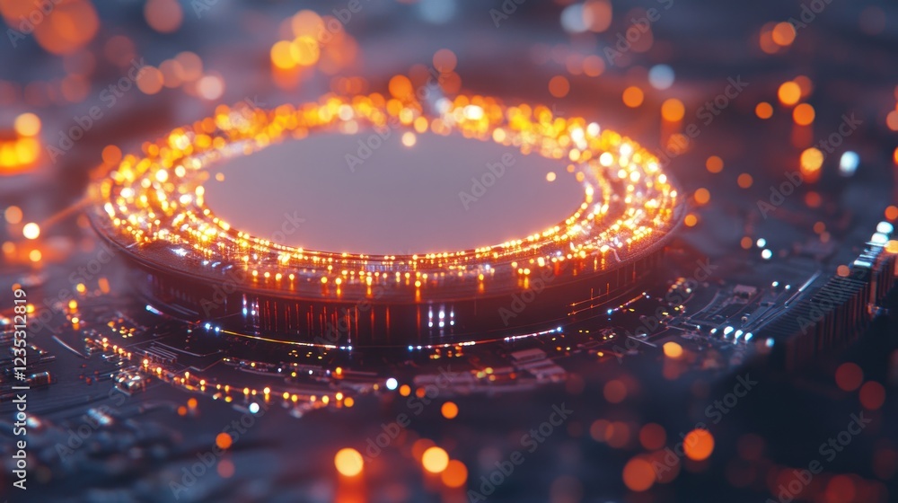 Poster Illuminated Circular Tech Component on Circuit Board