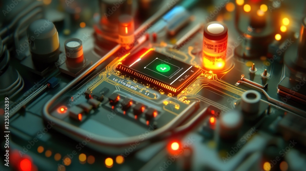 Poster Illuminated Microchip Displaying Verification Symbol On Circuit Board