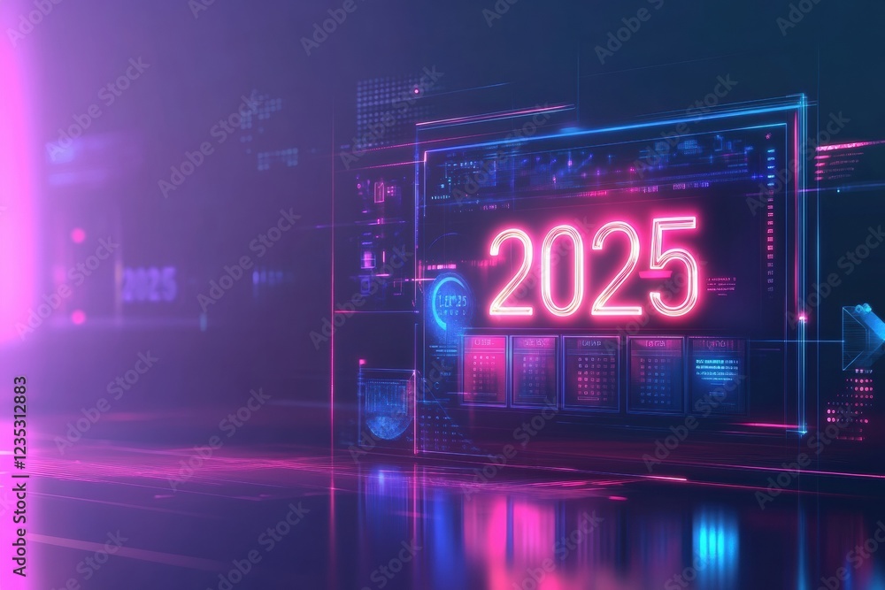Poster futuristic digital calendar shows the year 2025 with neon lights and sleek design. generative ai