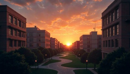 Sunset over cityscape with winding path