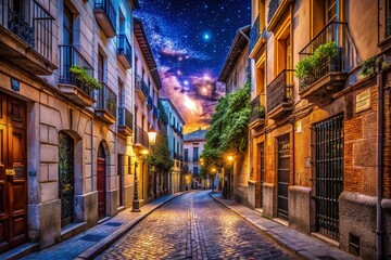 Fototapeta premium Madrid Night Panoramic: Old Town Charm, Historic Spanish Street Scene