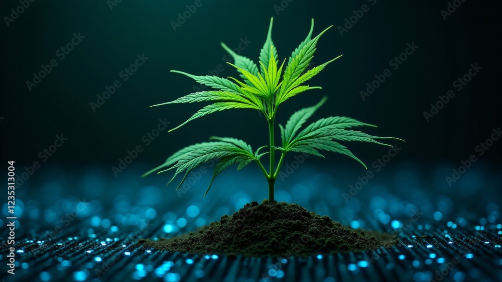 Poster a marijuana plant created with nanotechnology, transforming into a matrix of digital bits and bytes.