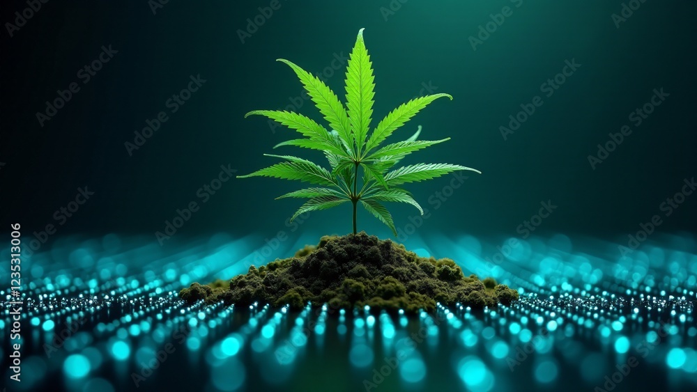 Poster a marijuana plant created with nanotechnology, transforming into a matrix of digital bits and bytes.