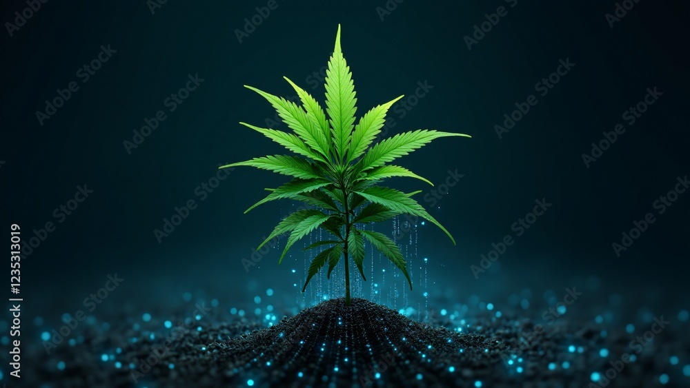 Poster a marijuana plant created with nanotechnology, transforming into a matrix of digital bits and bytes.