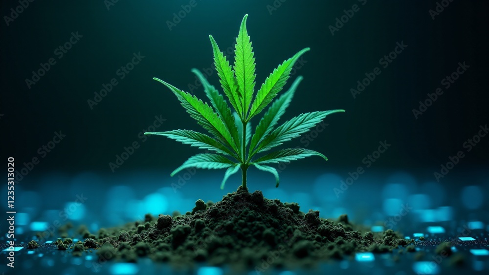 Poster a marijuana plant created with nanotechnology, transforming into a matrix of digital bits and bytes.