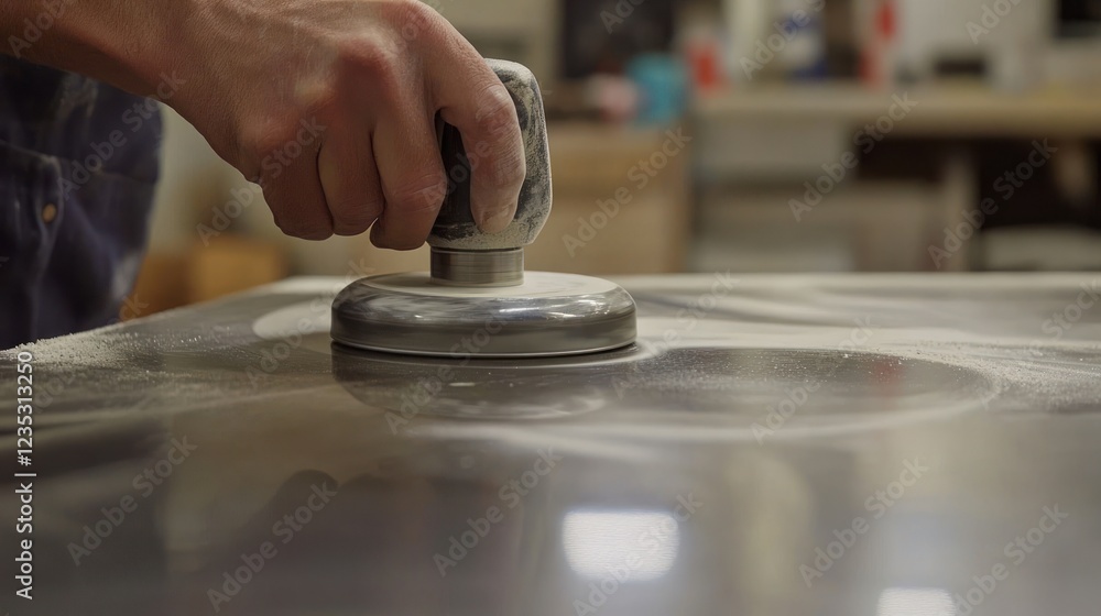 Poster hand using a polishing tool on a surface