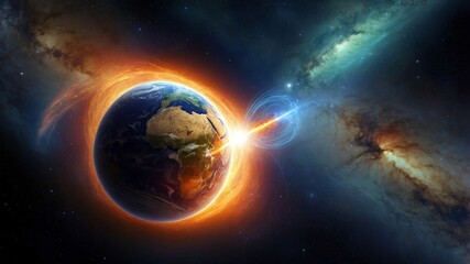 Fototapeta premium Dramatic space scene with earth and meteor