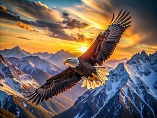 Obraz premium Majestic Bald Eagle Soaring Above Mountain Peaks - High Resolution Stock Photo