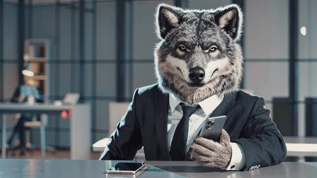 Corporate predator checks digital messages at modern workstation. Sophisticated gray canine executive reviews smartphone notifications in glass-walled office. Static composition