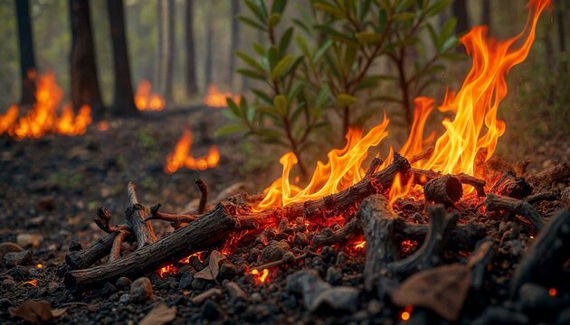 Close-up fire burning in forest