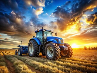 Fototapeta premium Majestic Blue Tractor in a Sun-Drenched Field - Rural Landscape Photography
