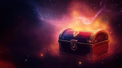 A mystical ornate wooden chest glows in a cosmic space