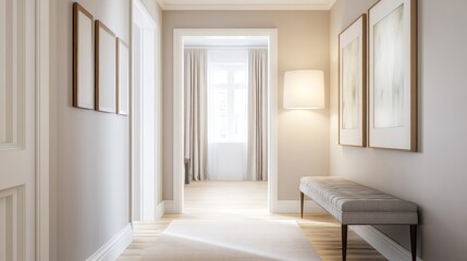 Elegant Hallway Interior Design Featuring Artwork And Seating