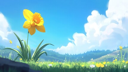 Fototapeta premium A Single Daffodil Blooms in a Sunny Meadow Landscape