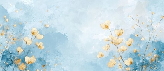 Delicate Gold Floral Watercolor on Light Blue Background - Romantic Design