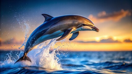 Fototapeta premium Majestic Dolphin Leaping, Ocean Water Splash, Dark Blue Background Stock Photo
