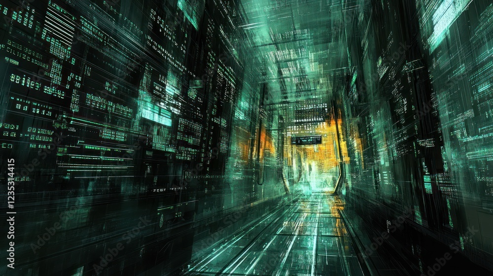 Poster futuristic digital corridor glowing green data streams