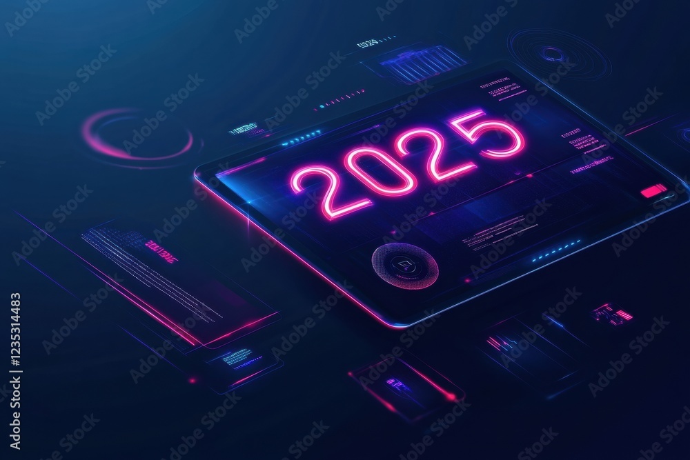 Fototapete futuristic digital calendar displaying the year 2025 with sleek neon designs and advanced interface 