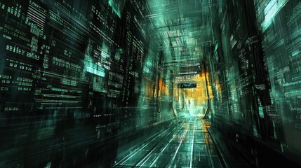 Obraz premium Futuristic Digital Corridor Glowing Green Data Streams
