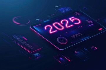 Futuristic digital calendar displaying the year 2025 with sleek neon designs and advanced interface features. Generative AI