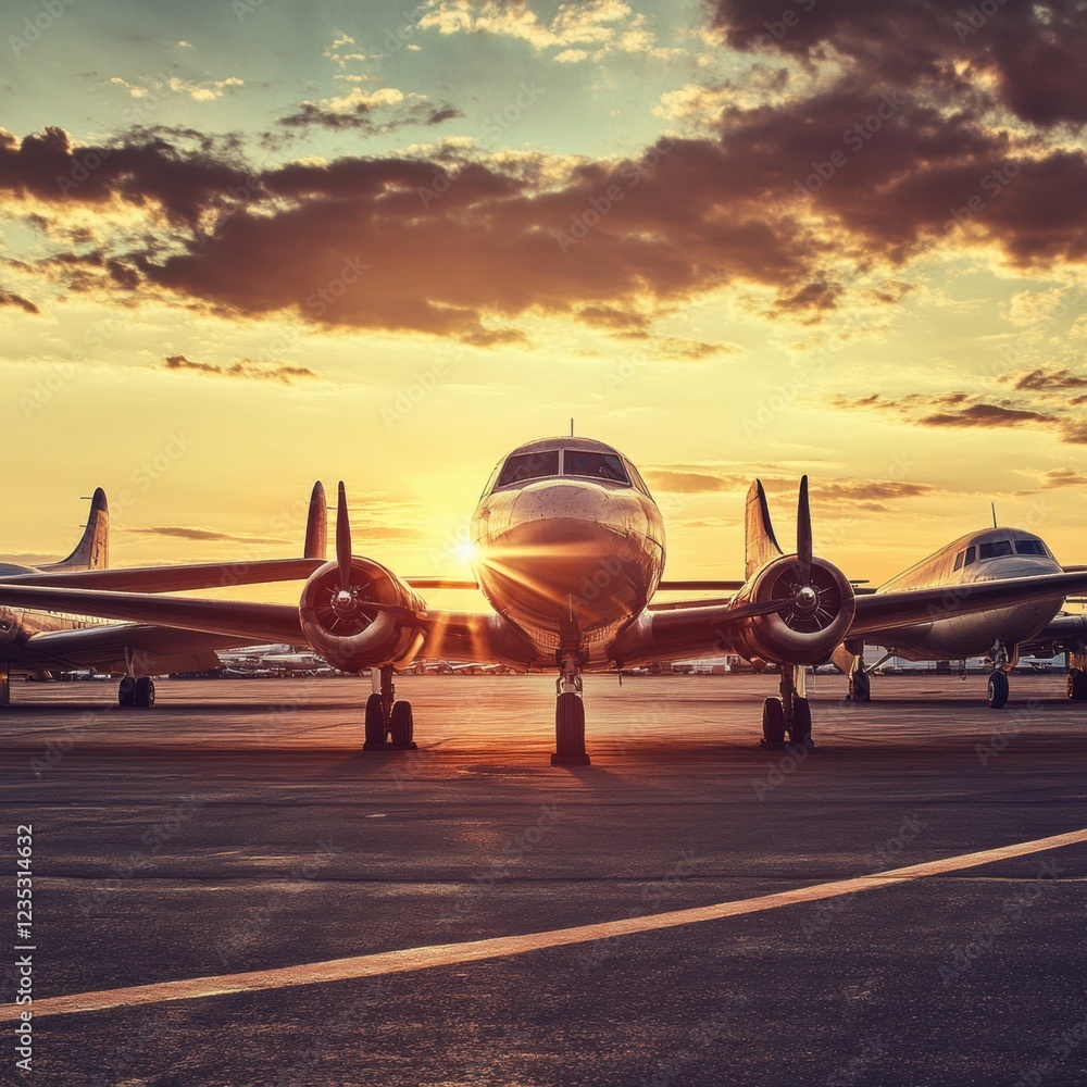 Poster retro airplanes line up on a vintage airfield during a stunning sunset in a nostalgic setting. gener