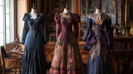 Naklejka premium Three Elegant Victorian Era Gowns on Display in an Antique Setting