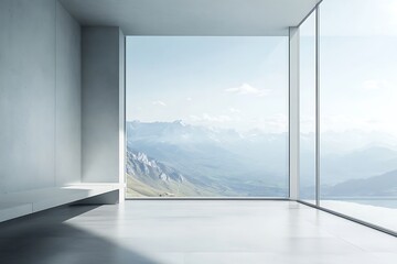 Obraz premium A minimalist room with a panoramic view of mountains and a clear sky.