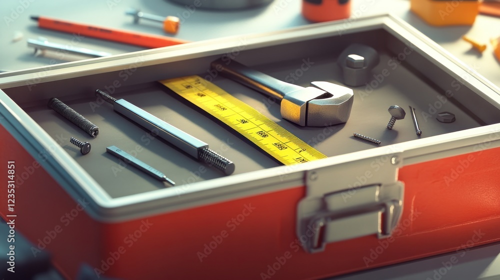 Poster Red Toolbox Contains Assorted Tools And Measuring Tape
