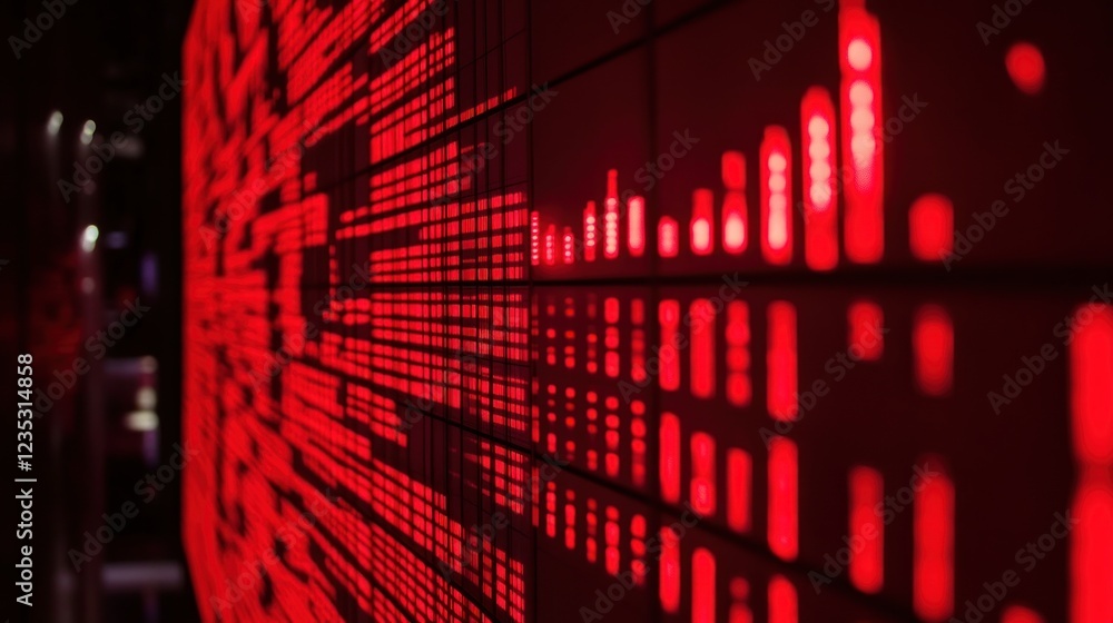 Poster Red digital data wall displays complex information patterns
