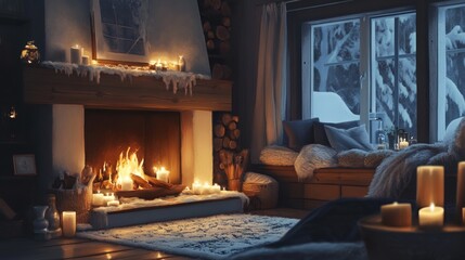 Fototapeta premium Cozy Winter Cabin Interior with Fireplace and Snow Scene
