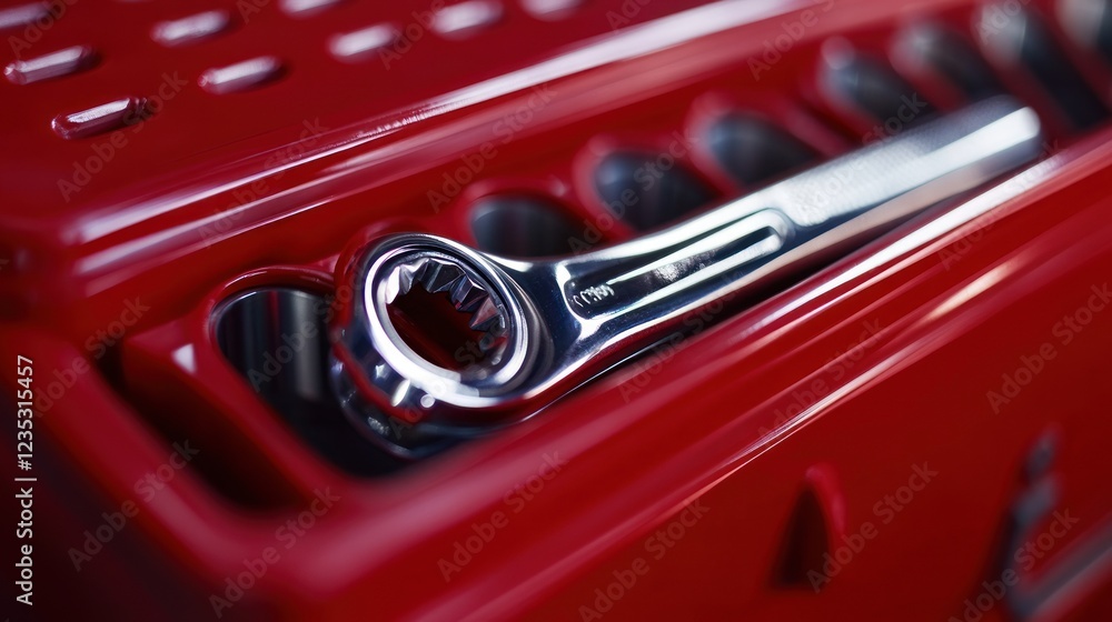 Poster chrome wrench rests in red tool case