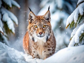 Majestic Lynx Prowling in a Whimsical Winter Forest - Stock Photo