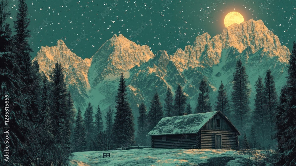 Sticker Winter Cabin Snow Mountains Night Sky Moon