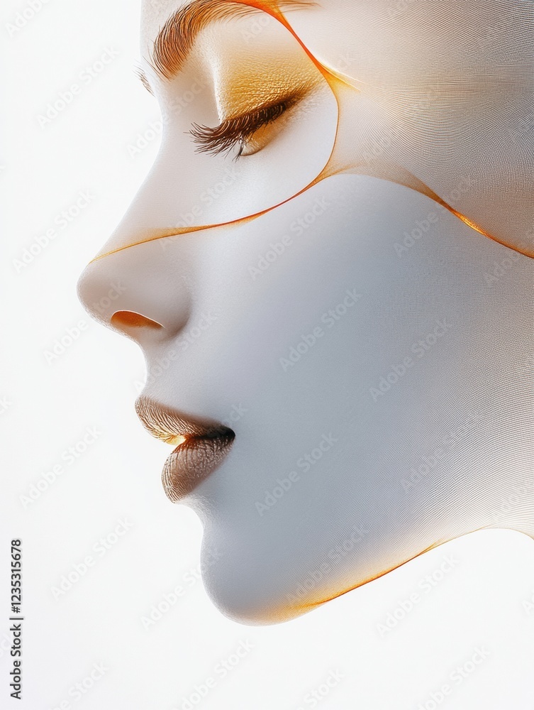 Poster Silhouette of a womans face with golden ratio lines highlighting elegance and beauty in artistic composition. Generative AI