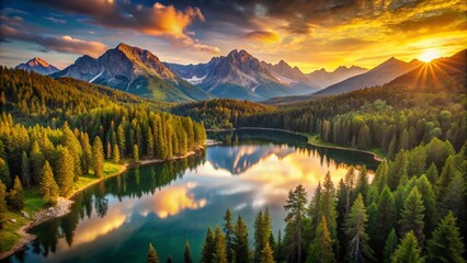 Majestic Mountain Lake Landscape: Shadows & Pine Forest at Golden Hour