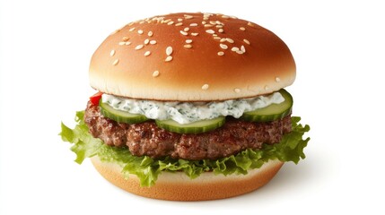 Delicious Sesame Bun Burger with Cucumber and Sauce