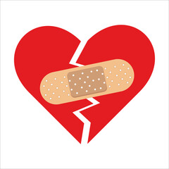 Red Heart broken to two pieces fixed with a plaster patch, vector illustration icon or logo, fixed broken heart concept, breakup or divorce, heartbreak regret, separated couple, tragic love.