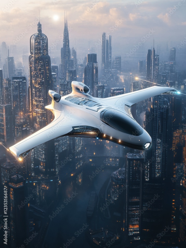 Aufkleber futuristic airplane soaring over a vibrant sci fi cityscape at dusk with shimmering lights illuminat