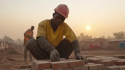 Construction Worker Laying Bricks at Sunrise