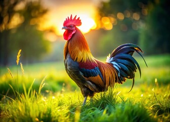 Fototapeta premium Majestic Rooster in Lush Green Pasture - Vibrant Farm Animal Stock Photo