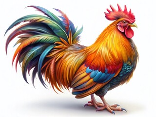 Fototapeta premium Majestic Rooster with Vibrant Plumage, Isolated on White Background - High-Resolution Stock Photo
