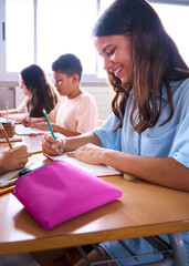 Vertical. Female primary school teacher explaining in class to diverse group of students sitting at desks together. Tutoring of elementary academy children gathered in the study hall. Back to school
