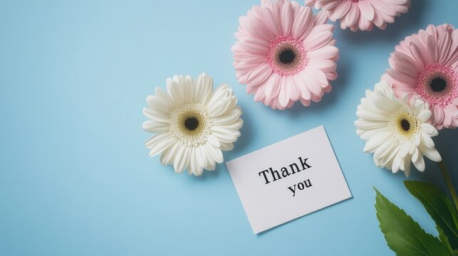 A beautiful arrangement of flowers featuring a thank you message, presented on a textured blue background to convey thanks and appreciation.